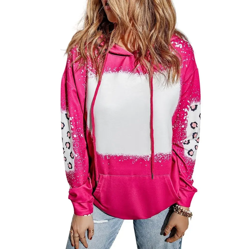 Rose Leopard Bleached Long Sleeve Hoodie with Pocket New Sizes S,L, XL